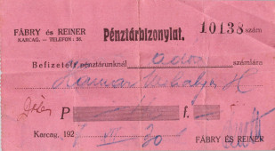 Pénztárbizonylat - 1927