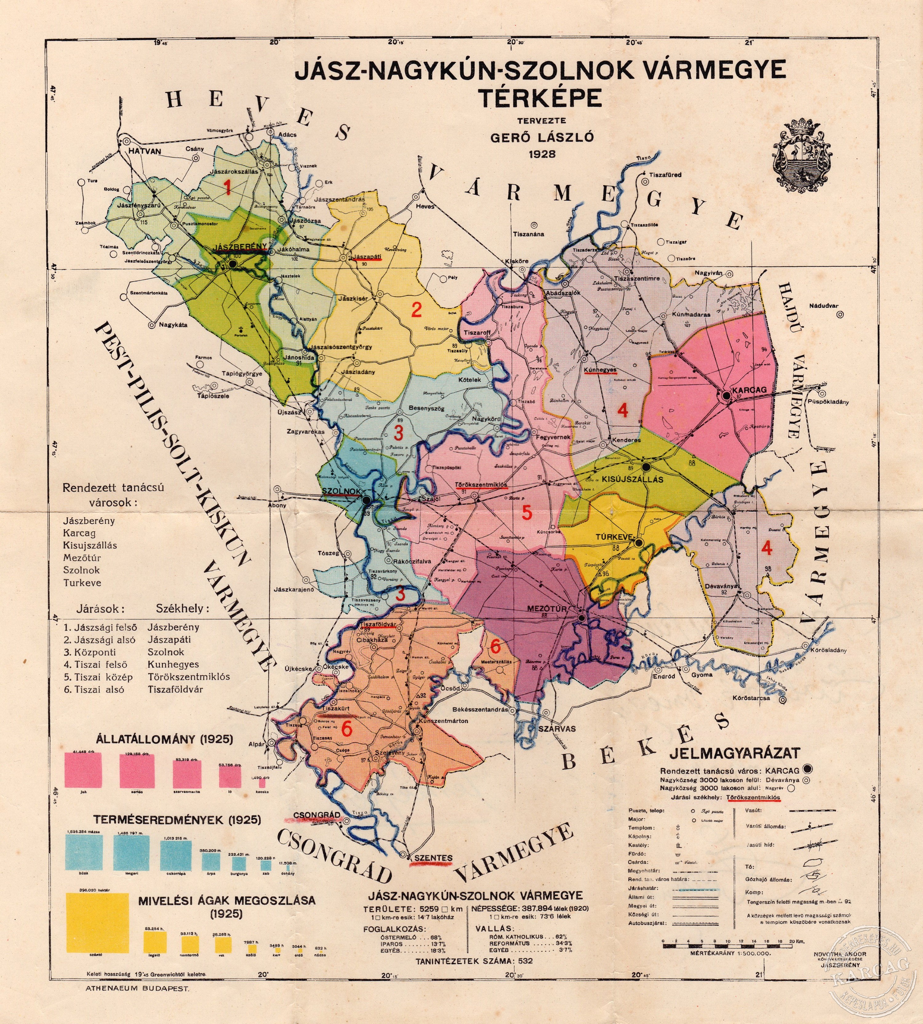 JÁSZ-NAGYKÚN-SZOLNOK VÁRMEGYE TÉRKÉPE 1928