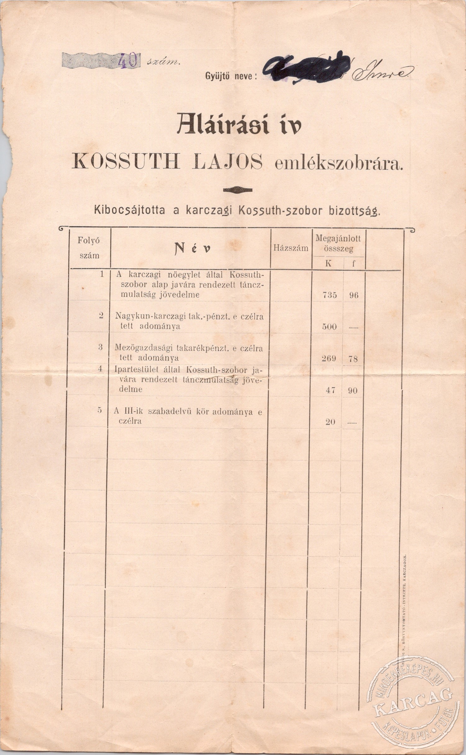 Aláírási ív KOSSUTH LAJOS emlékszobrára