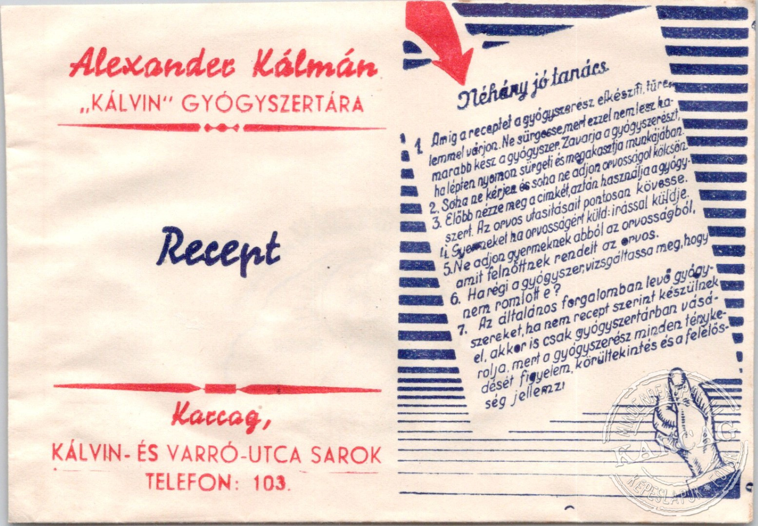 Alexander-féle gyógyszertári tasak a 30-as évekből