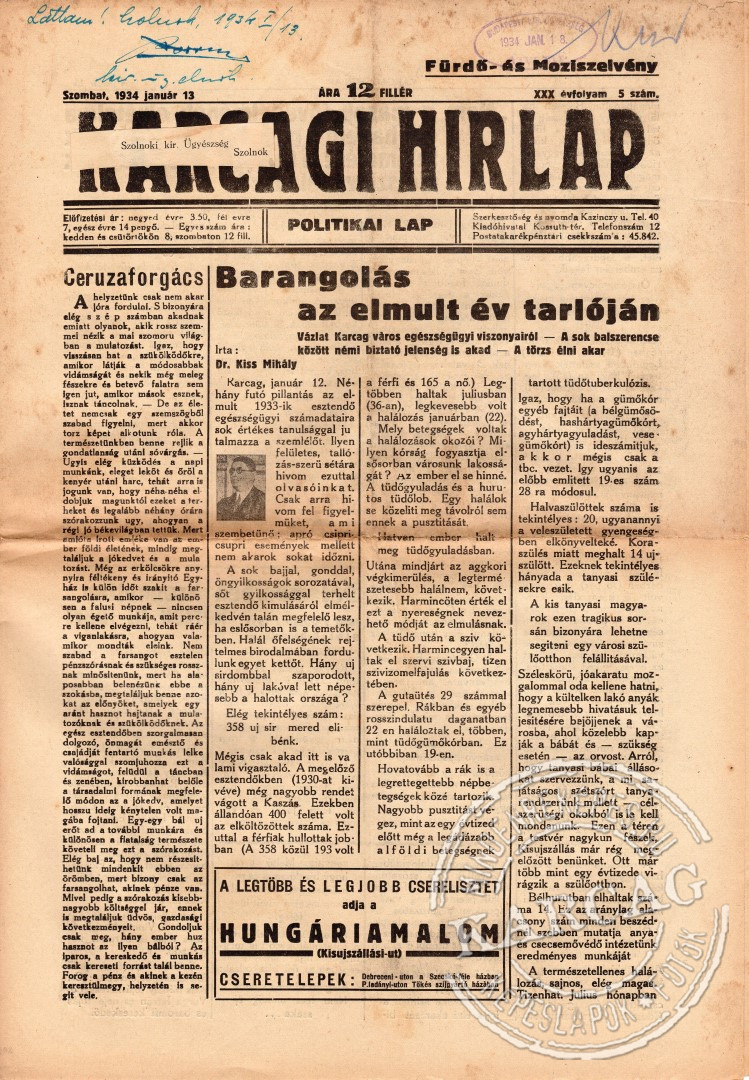 KARCAGI HIRLAP - 1934. január 13.