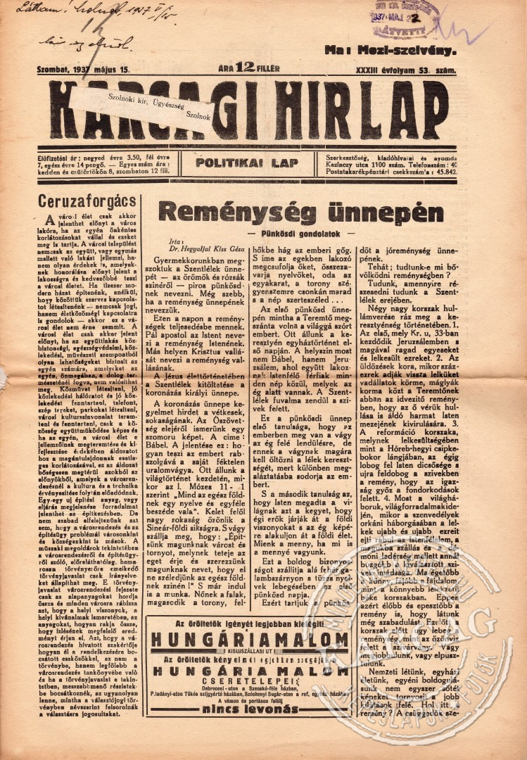 KARCAGI HIRLAP - 1937. május 15.
