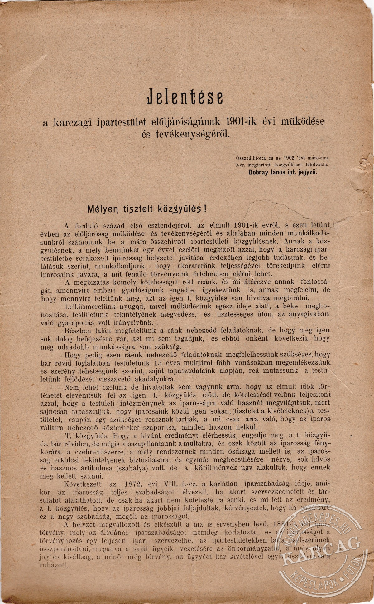 Ipartestületi jelentés az 1901. évről