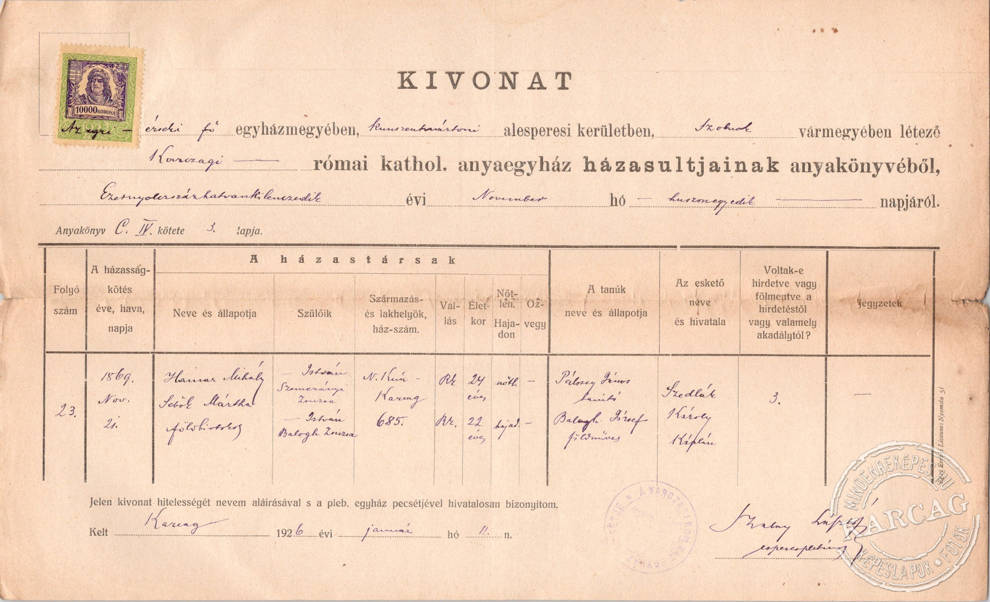 Római katolikus házassági anyakönyvi kivonat