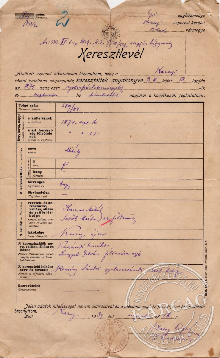 Római katolikus keresztlevél - Hamar Mihály