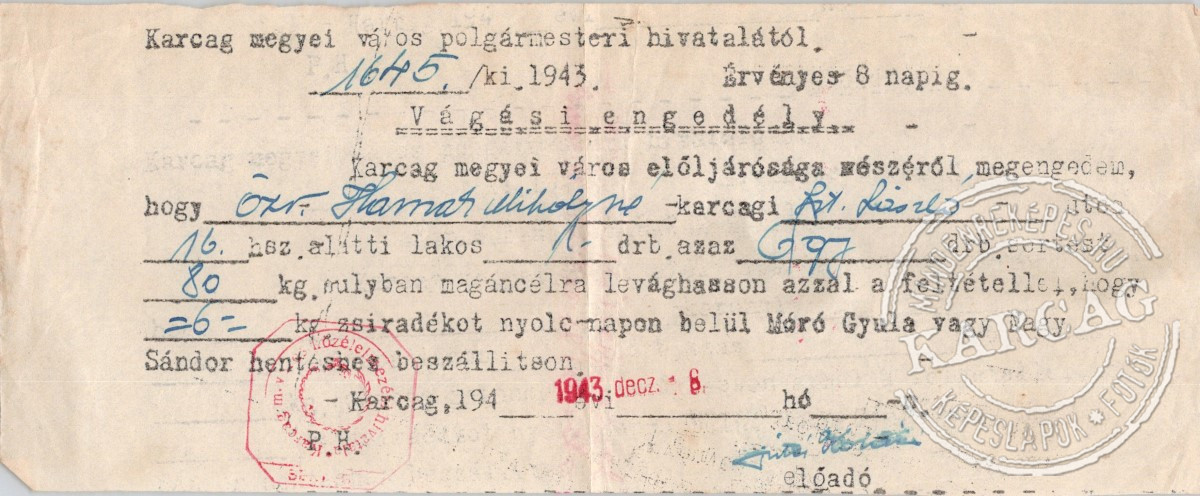 Vágási engedély - 1943