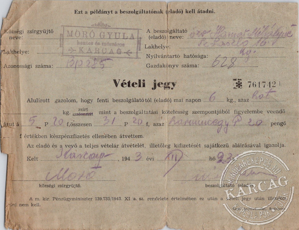 Vételi jegy - 1943