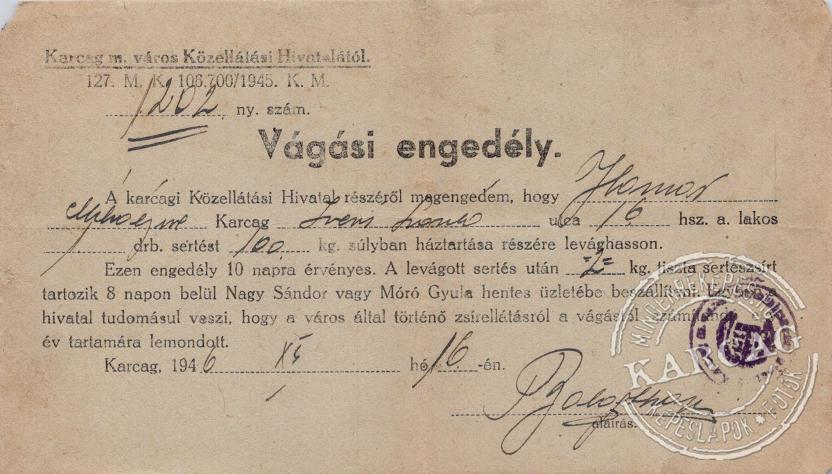 Vágási engedély - 1946