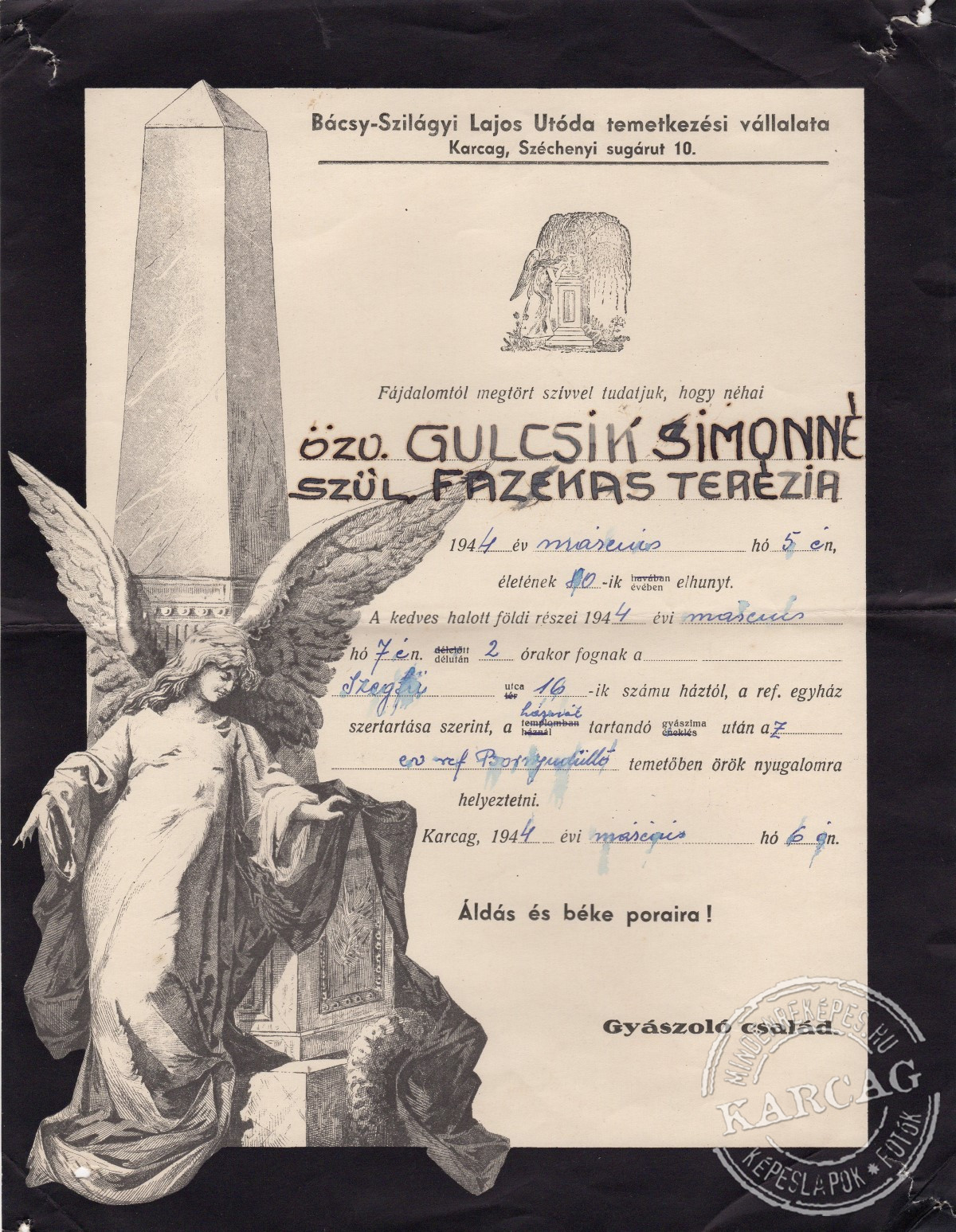 Özv. Gulcsik Simonné gyászjelentése