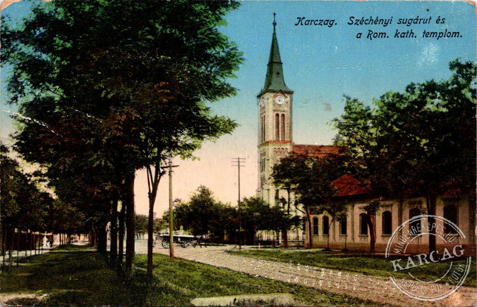 Karczag. Széchényi sugárút és a Rom. kath. templom.