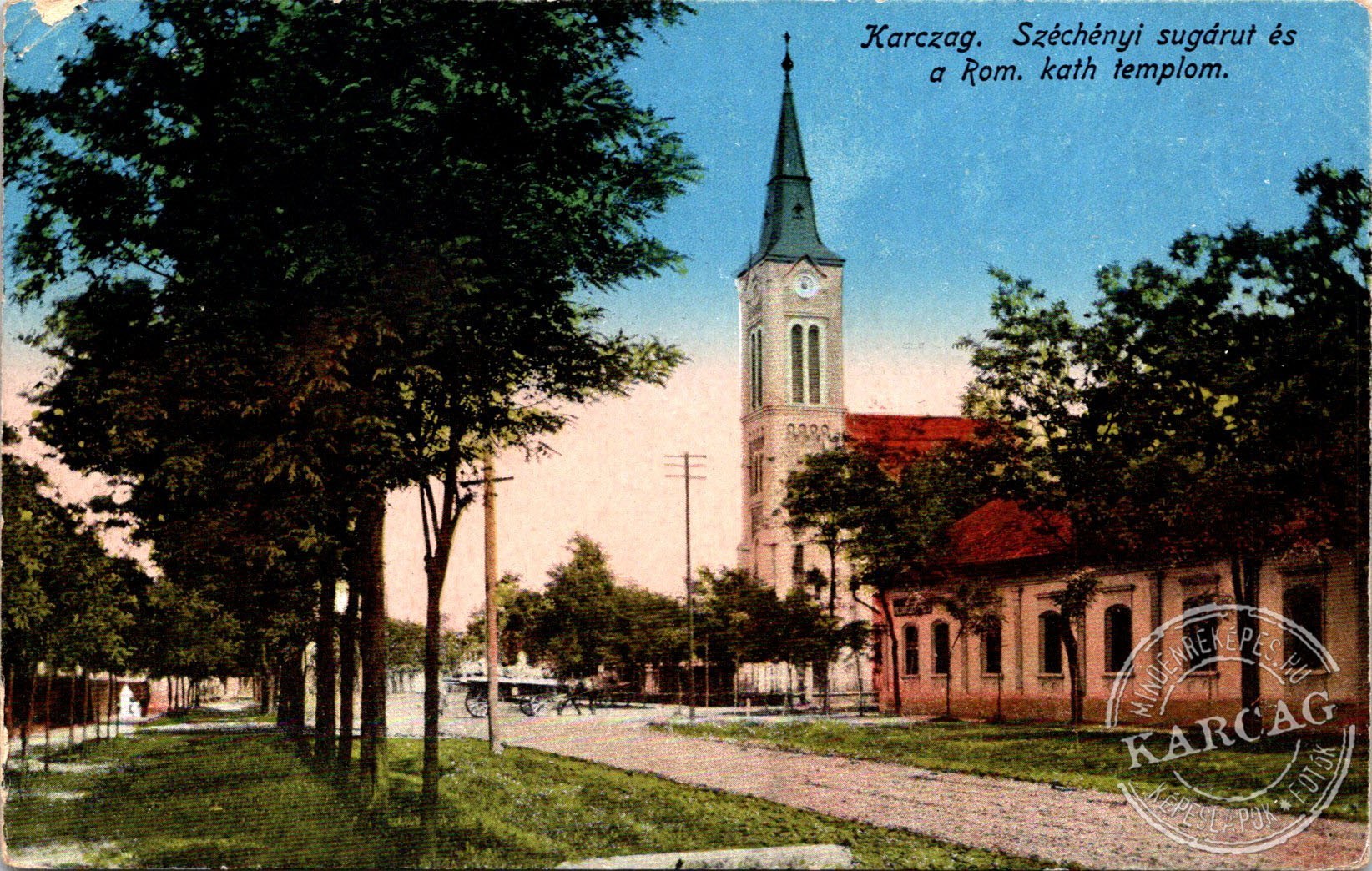 Karczag. Széchényi sugárút és a Rom. kath templom.