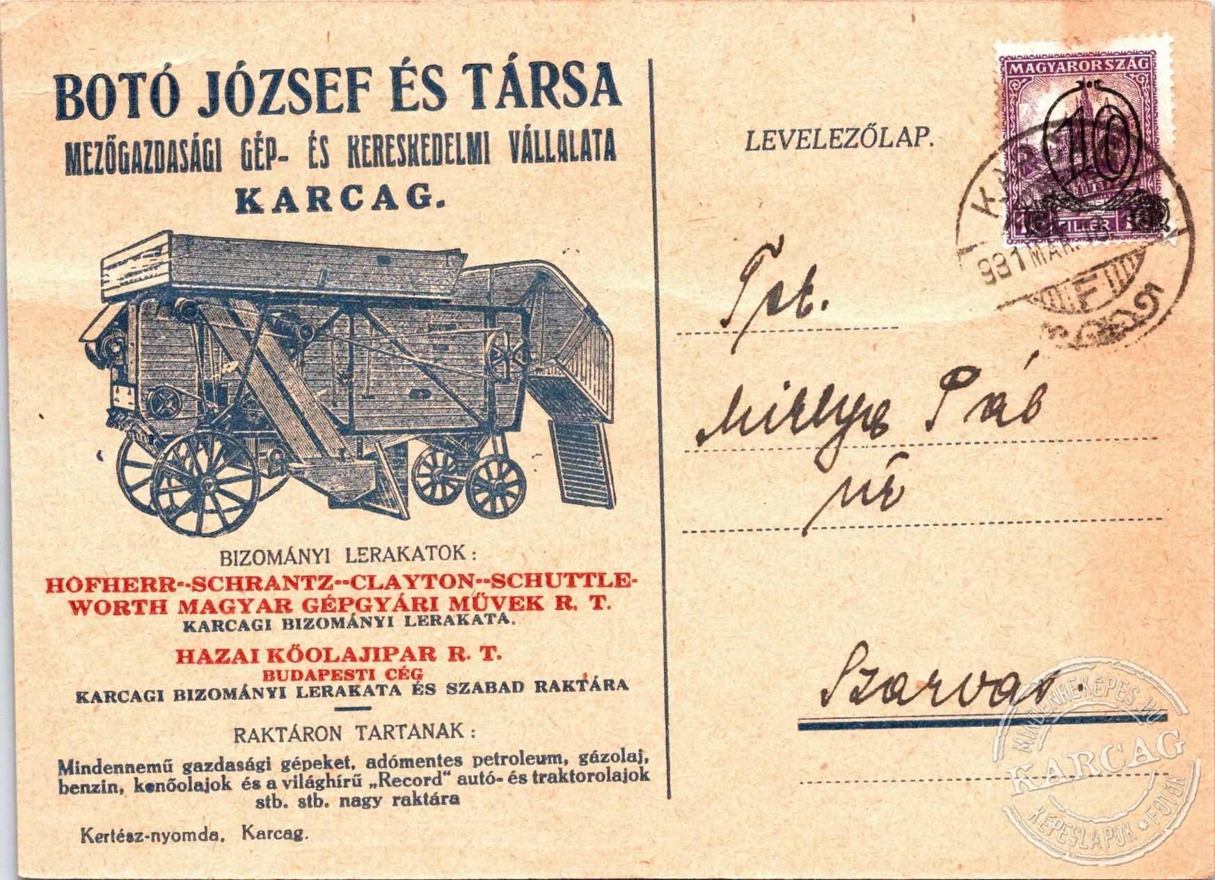 Botó József és Társa - Karcag - Levelezőlap