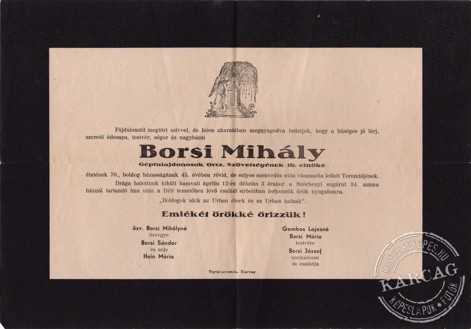 Borsi Mihály gyászjelentése