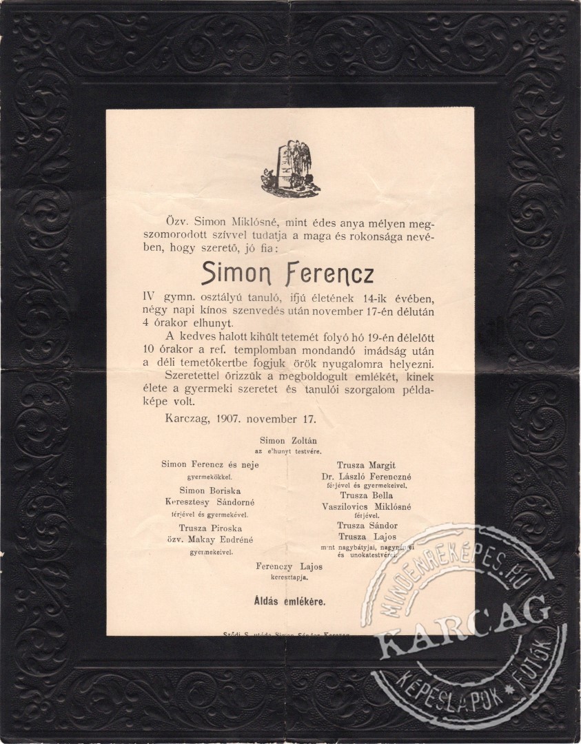 Simon Ferencz gyászjelentése