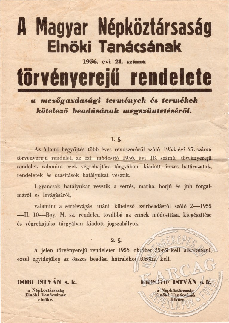 A Magyar Népköztársaság rendelete