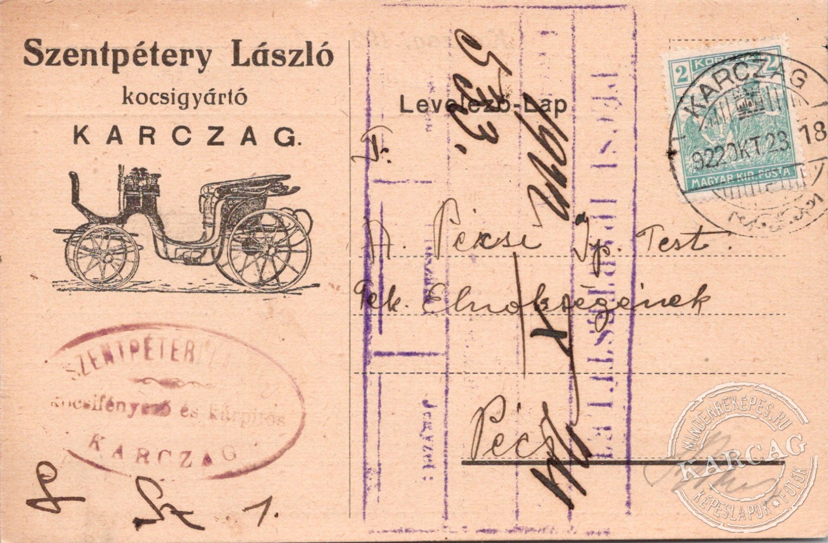 Szentpétery László kocsigyártó Karczag. Levelező-Lap