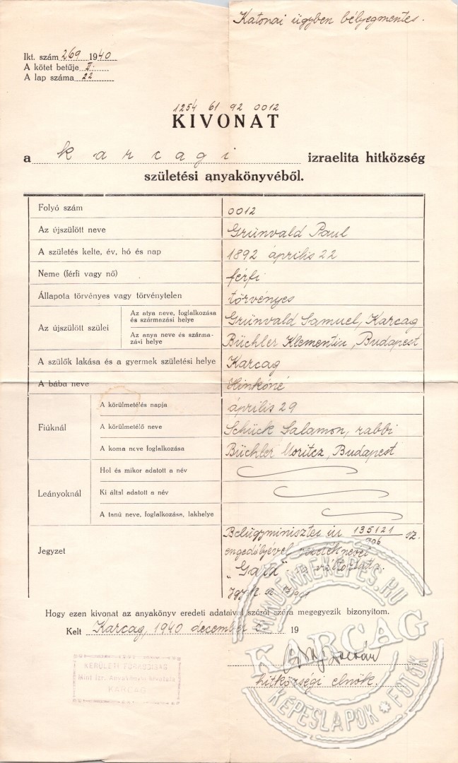 Anyakönyvi kivonat