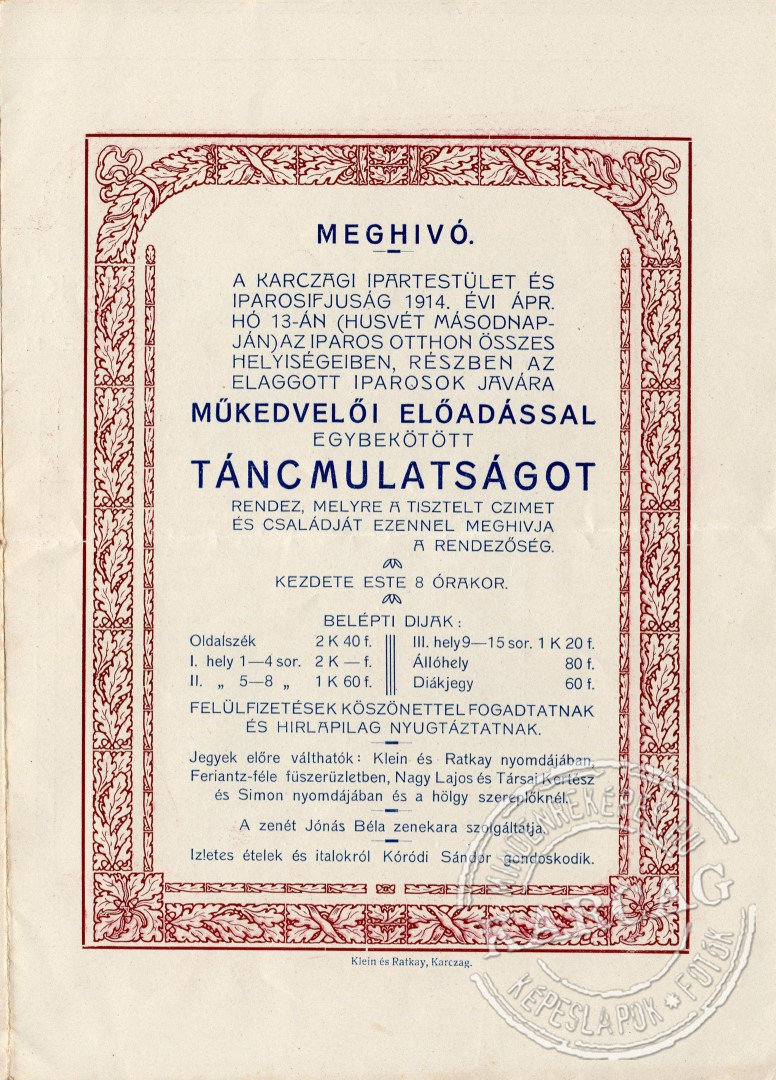 Meghívó táncmulatságra - 1914