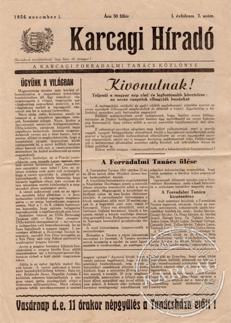 Karcagi Híradó - 1956. november 1.
