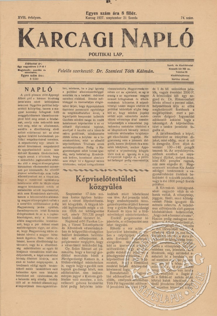 KARCAGI NAPLÓ - 1927. szeptember 21.