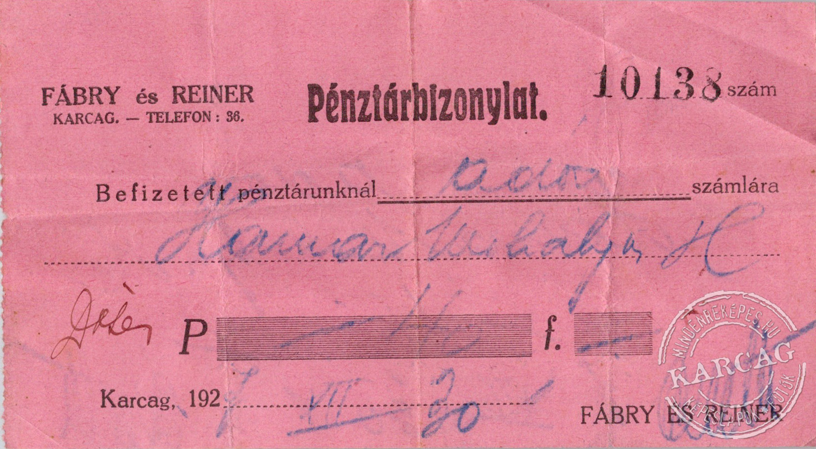 Pénztárbizonylat - 1927